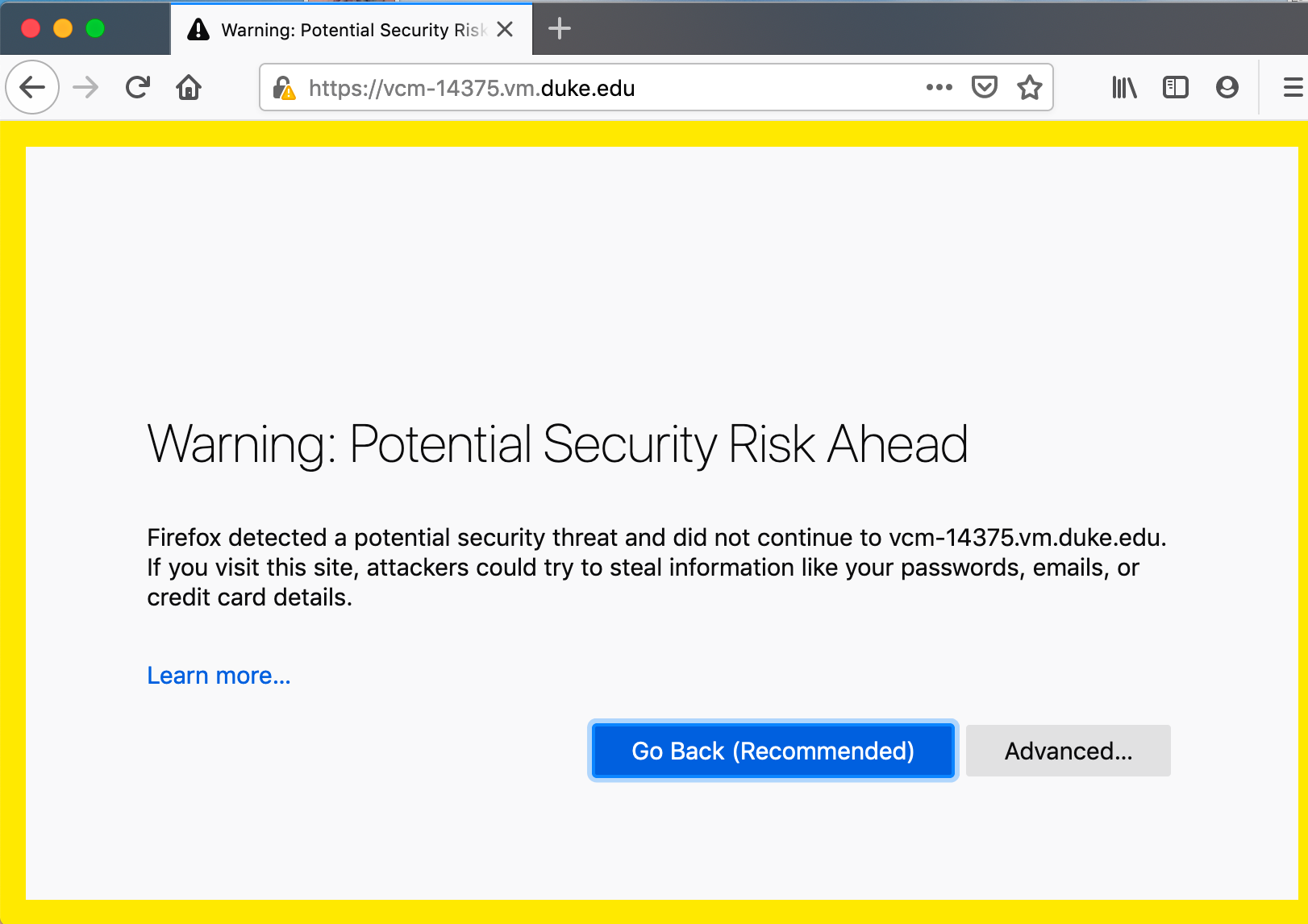 Potential Security Risk Warning